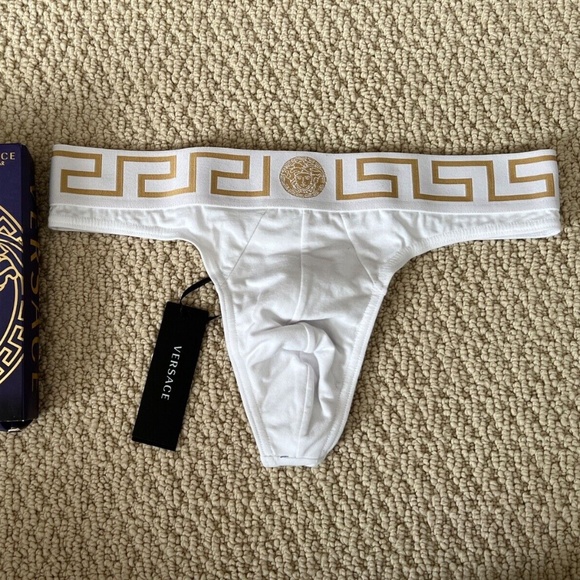 Versace Greca Border Medusa Greek Key Logo White Thong Underwear w/ Tags+Box - Picture 6 of 14